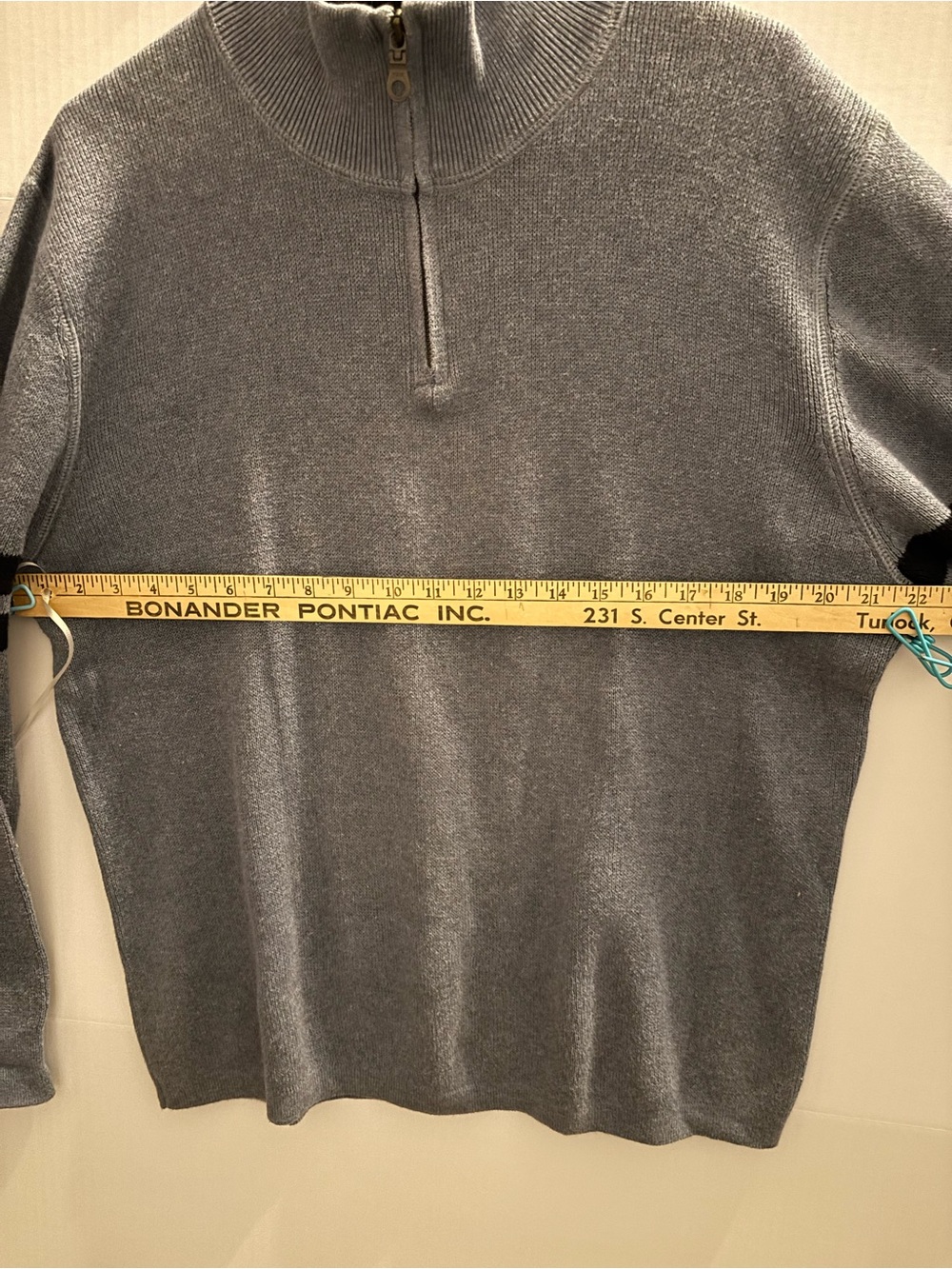 GAP Men's Slate Gray Half-Zip Sweater with Navy blue Sleeve Stripes - Picture 7 of 8